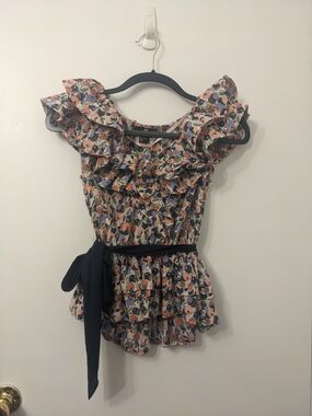 H&M Floral Multicolored Ruffled Blouse with Peplum and Tied Waist in Size 2